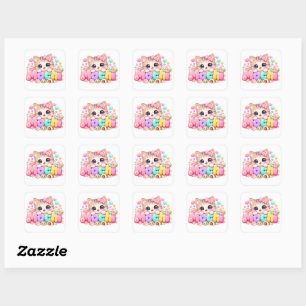 Pegatina Cuadrada Gato Mochi Kawaii Lindo Nombre Rosa Pastel Brillan