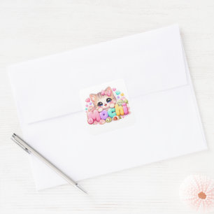 Pegatina Cuadrada Gato Mochi Kawaii Lindo Nombre Rosa Pastel Brillan