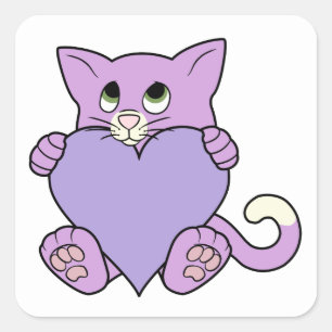 Pegatina Cuadrada Gato morado el día de San Valentín con corazón mor