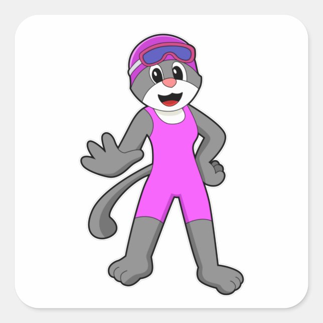 Pegatina Cuadrada Gato nadando con traje de baño (Anverso)