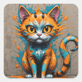 Pegatina Cuadrada Gato naranja acuático con salpicaduras de color ve