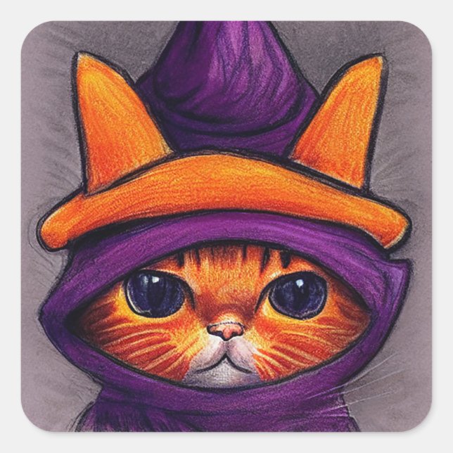 Pegatina Cuadrada Gato naranja con Gorra de bruja morada Halloween (Anverso)