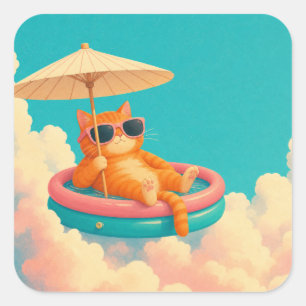 Pegatina Cuadrada Gato naranja divertido flotador de piscina vacacio