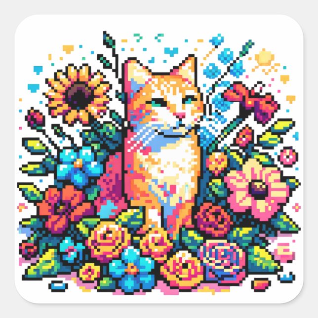 Pegatina Cuadrada Gato naranja en flores arte de piano (Anverso)