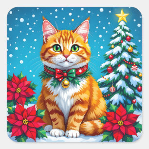Pegatina Cuadrada Gato Naranja Festivo Navideño Adorable
