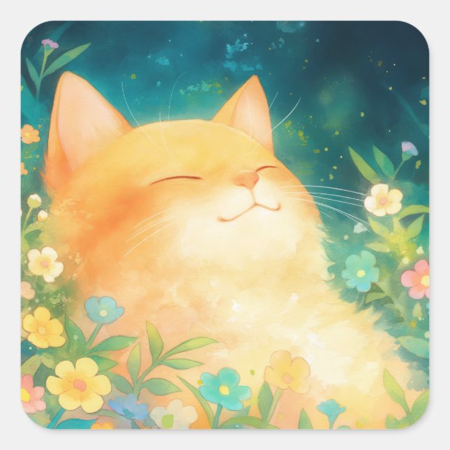 Pegatina Cuadrada Gato Naranja Siesta Tranquila (Anverso)