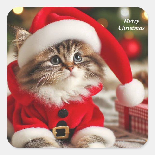 Pegatina Cuadrada Gato navideño (Anverso)