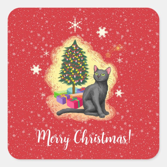 Pegatina Cuadrada Gato navideño (Anverso)