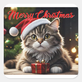 Pegatina Cuadrada Gato navideño