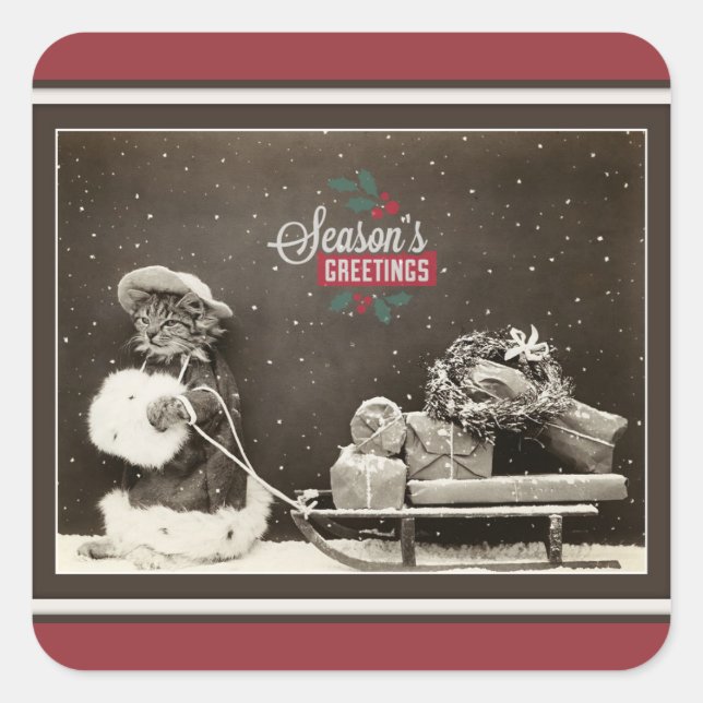 Pegatina Cuadrada Gato navideño superbonito (Anverso)