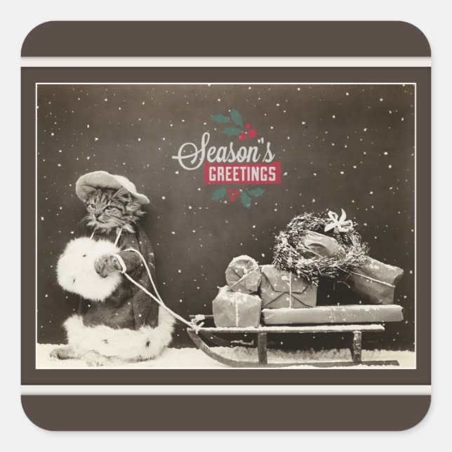 Pegatina Cuadrada Gato navideño superbonito (Anverso)