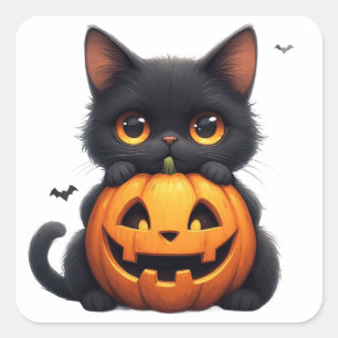 Pegatina Cuadrada Gato Negro Adorable Con Calabaza De Jack O Lantern