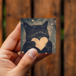 Pegatina Cuadrada Gato negro adorable con corazón dorado