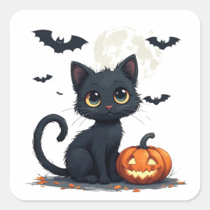 Pegatina Cuadrada Gato Negro Adorable Con Murciélagos Halloween 🎃