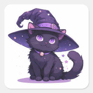 Pegatina Cuadrada Gato Negro Adorable con Sombrero de Bruja Morado M