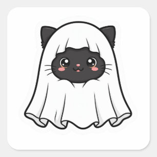 Pegatina Cuadrada Gato Negro Adorable Fantasma Halloween Kawaii