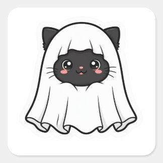 Pegatina Cuadrada Gato Negro Adorable Fantasma Halloween Kawaii