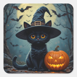 Pegatina Cuadrada Gato negro adorable Scen calabaza bruja sombrero H