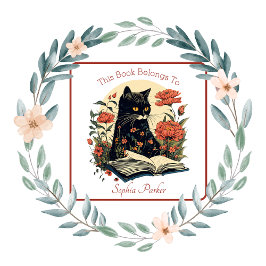 Pegatina Cuadrada Gato negro bonito con placa floral para libros