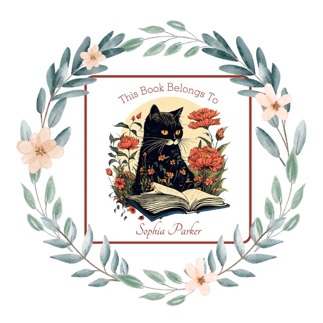 Pegatina Cuadrada Gato negro bonito con placa floral para libros (Subido por el creador)