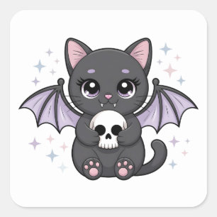 Pegatina Cuadrada Gato negro con alas de murciélago moradas abrazand