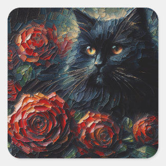 Pegatina Cuadrada Gato negro con arte de rosas rojas