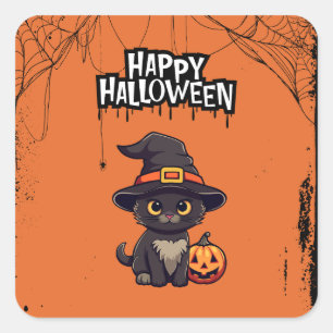 Pegatina Cuadrada Gato negro con calabaza Jack O' Lantern