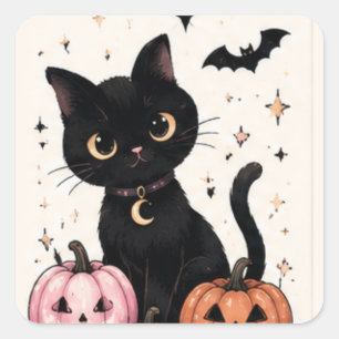 Pegatina Cuadrada Gato negro con collar de luna de calabaza rosa