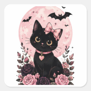 Pegatina Cuadrada Gato negro con collar de luna de calabaza rosa
