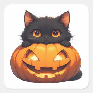 Pegatina Cuadrada Gato Negro Con Exhibición De Calabaza Naranja