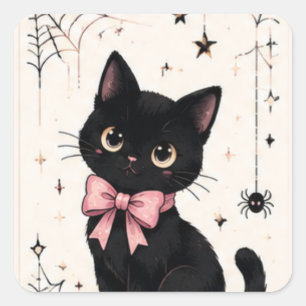 Pegatina Cuadrada Gato negro con lazo rosa adorable telaraña