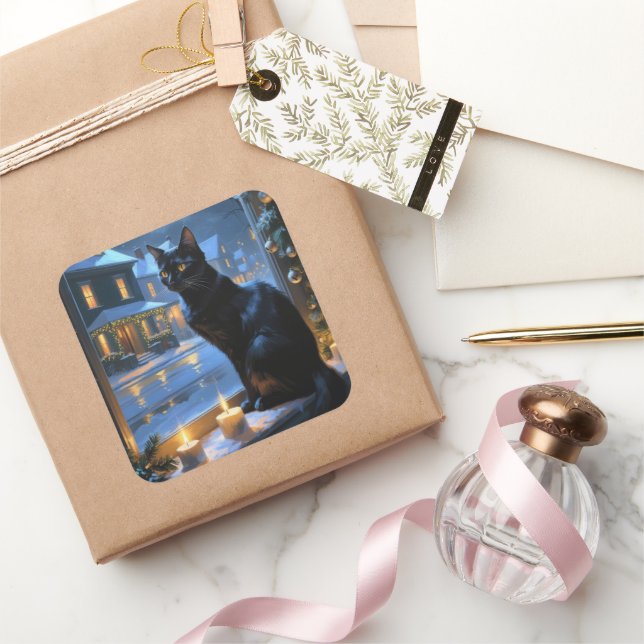 Pegatina Cuadrada Gato Negro Con Luces de Navidad Fiesta (Regalar)