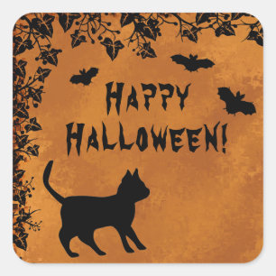 Pegatina Cuadrada Gato negro con murciélago, Feliz Halloween