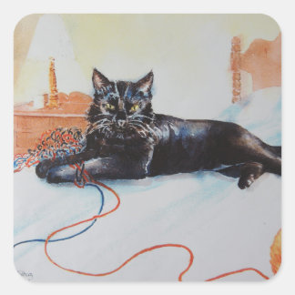 Pegatina Cuadrada Gato negro con yarn