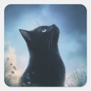 Pegatina Cuadrada Gato Negro Contemplando un Cielo Estrellado