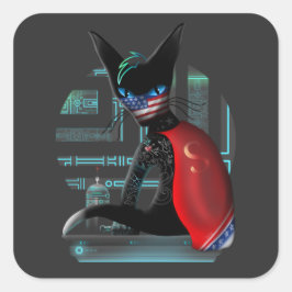 Pegatina Cuadrada Gato negro Cyberpunk Ninja
