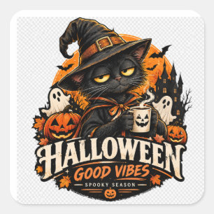 Pegatina Cuadrada Gato Negro de Halloween Bruja Buenas Vibraciones T