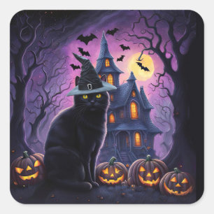 Pegatina Cuadrada Gato negro de Halloween Casa embrujada Murciélagos