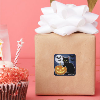 Pegatina Cuadrada gato negro de halloween con calabaza