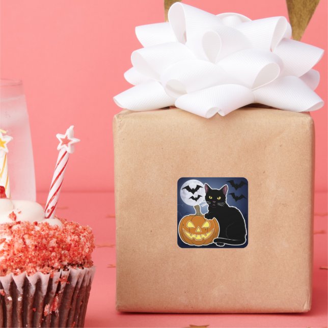 Pegatina Cuadrada gato negro de halloween con calabaza (Fiesta)