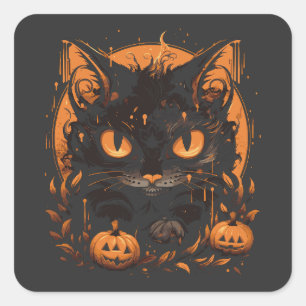 Pegatina Cuadrada Gato negro de Halloween con calabazas y luna