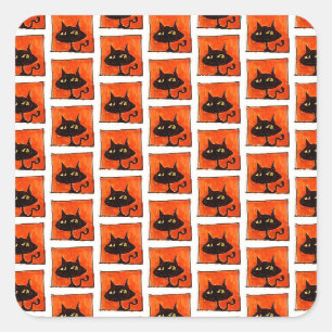 Pegatina Cuadrada Gato negro de Halloween cuadrados naranjas Cartoon