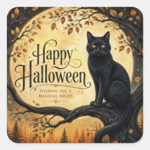 Pegatina Cuadrada Gato negro de Halloween Luna llena Árbol
