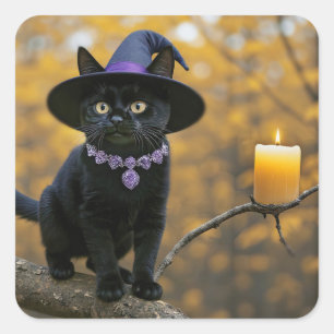 Pegatina Cuadrada Gato negro de Halloween y vela de sombrero de bruj