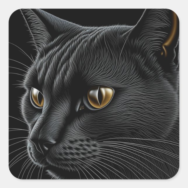 Pegatina Cuadrada Gato negro de IA con ojos amarillos (Anverso)