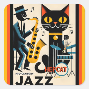 Pegatina Cuadrada Gato Negro de la Era del Jazz de mediados de siglo