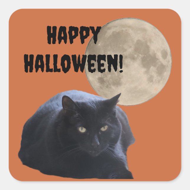 Pegatina Cuadrada Gato negro de la luna llena de Halloween (Anverso)
