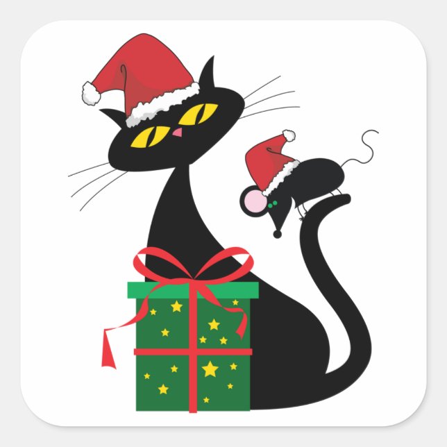 Pegatina Cuadrada Gato negro de los navidades (Anverso)