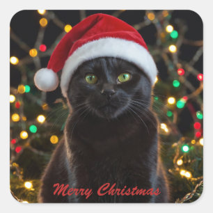 Pegatina Cuadrada Gato negro de navidades - foto personalizada de Sa