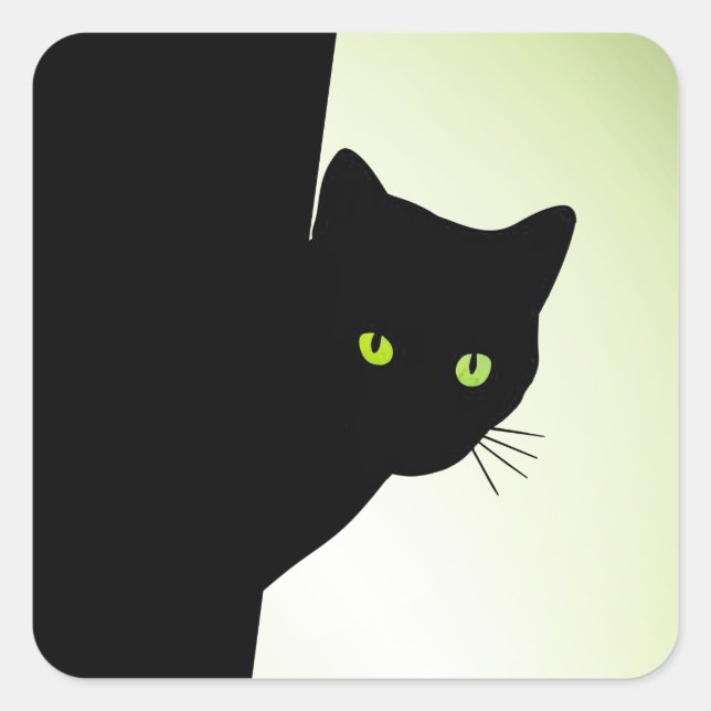 Pegatina Cuadrada Gato negro de ojos verdes (Anverso)